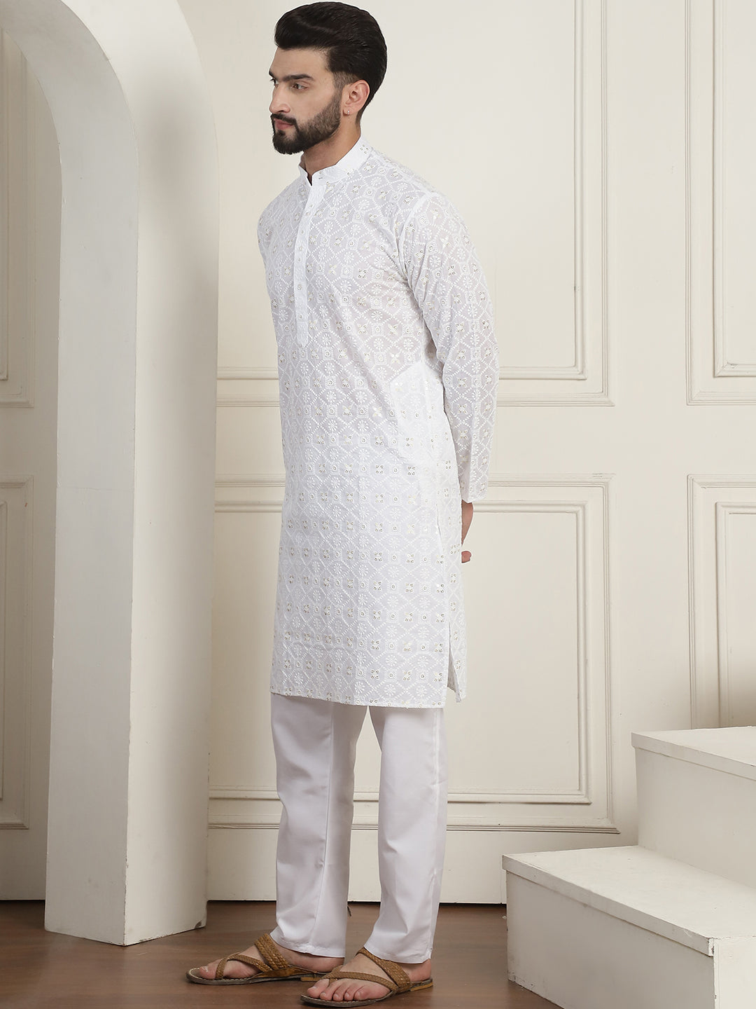 Men's Cotton Gold Sequence Embroidered White Kurta with white Churidaar Pyjama