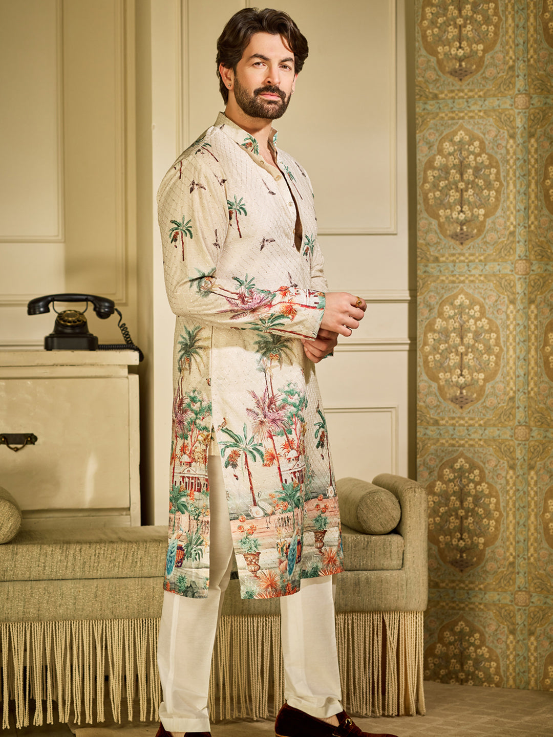 Men's Cotton Krochet Daman Print Cream Kurta with White Pyjama