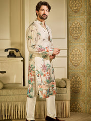 Men's Cotton Krochet Daman Print Cream Kurta with White Pyjama