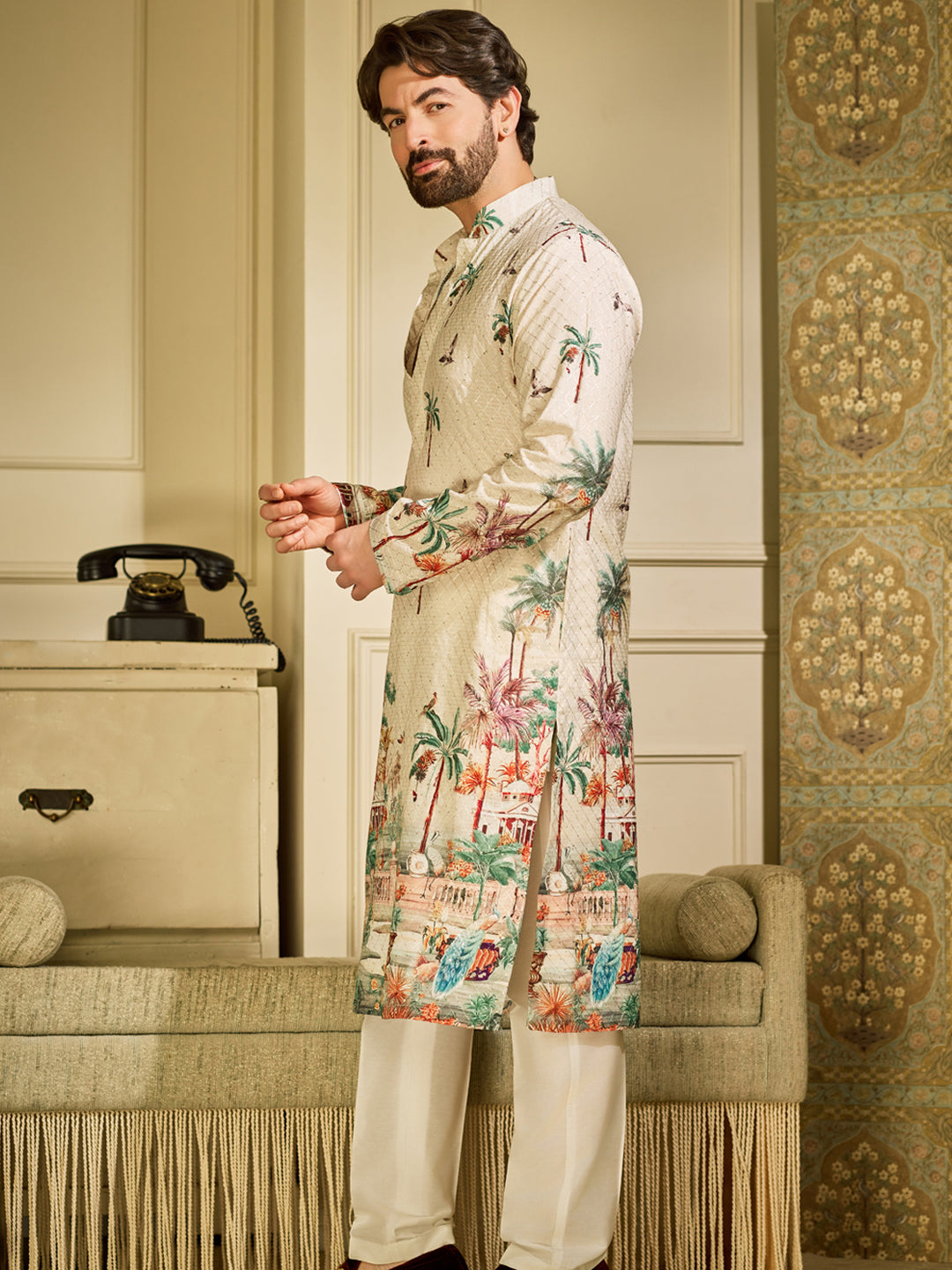 Men's Cotton Krochet Daman Print Cream Kurta with White Pyjama