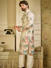 Men's Cotton Krochet Daman Print Cream Kurta with White Pyjama