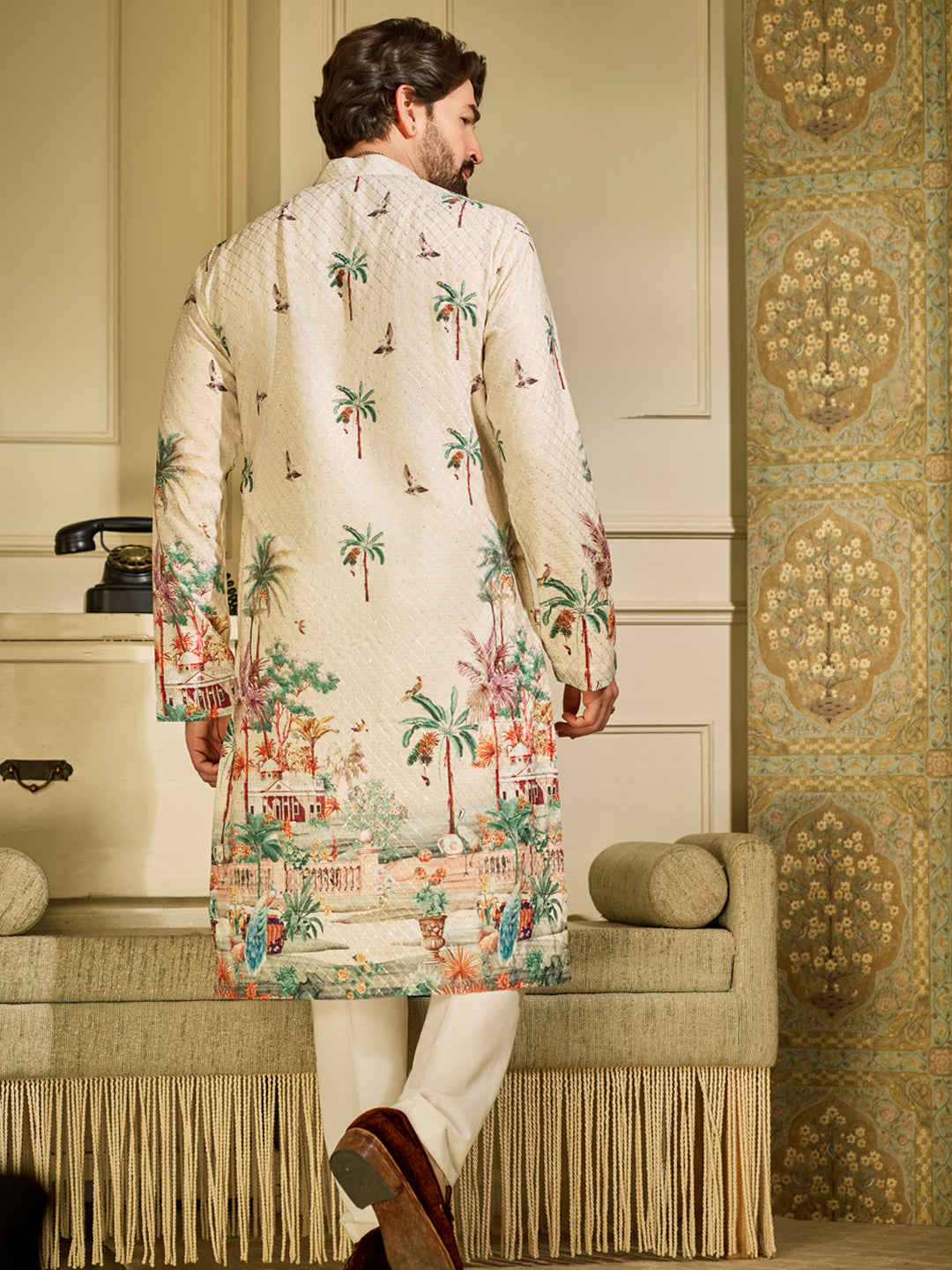 Men's Cotton Krochet Daman Print Cream Kurta with White Pyjama