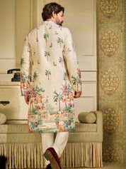 Men's Cotton Krochet Daman Print Cream Kurta with White Pyjama