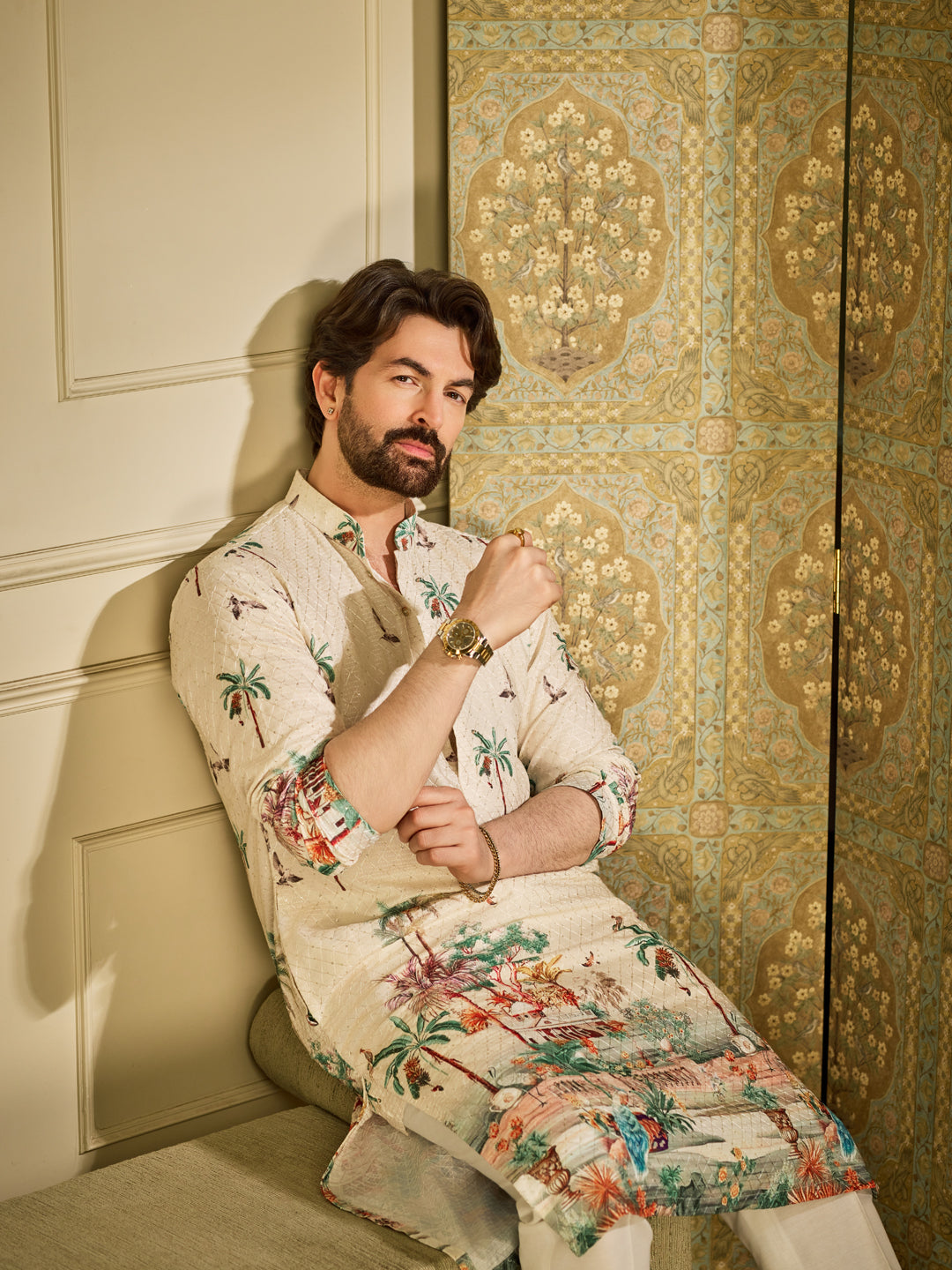 Men's Cotton Krochet Daman Print Cream Kurta with White Pyjama