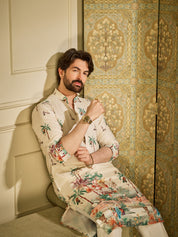 Men's Cotton Krochet Daman Print Cream Kurta with White Pyjama