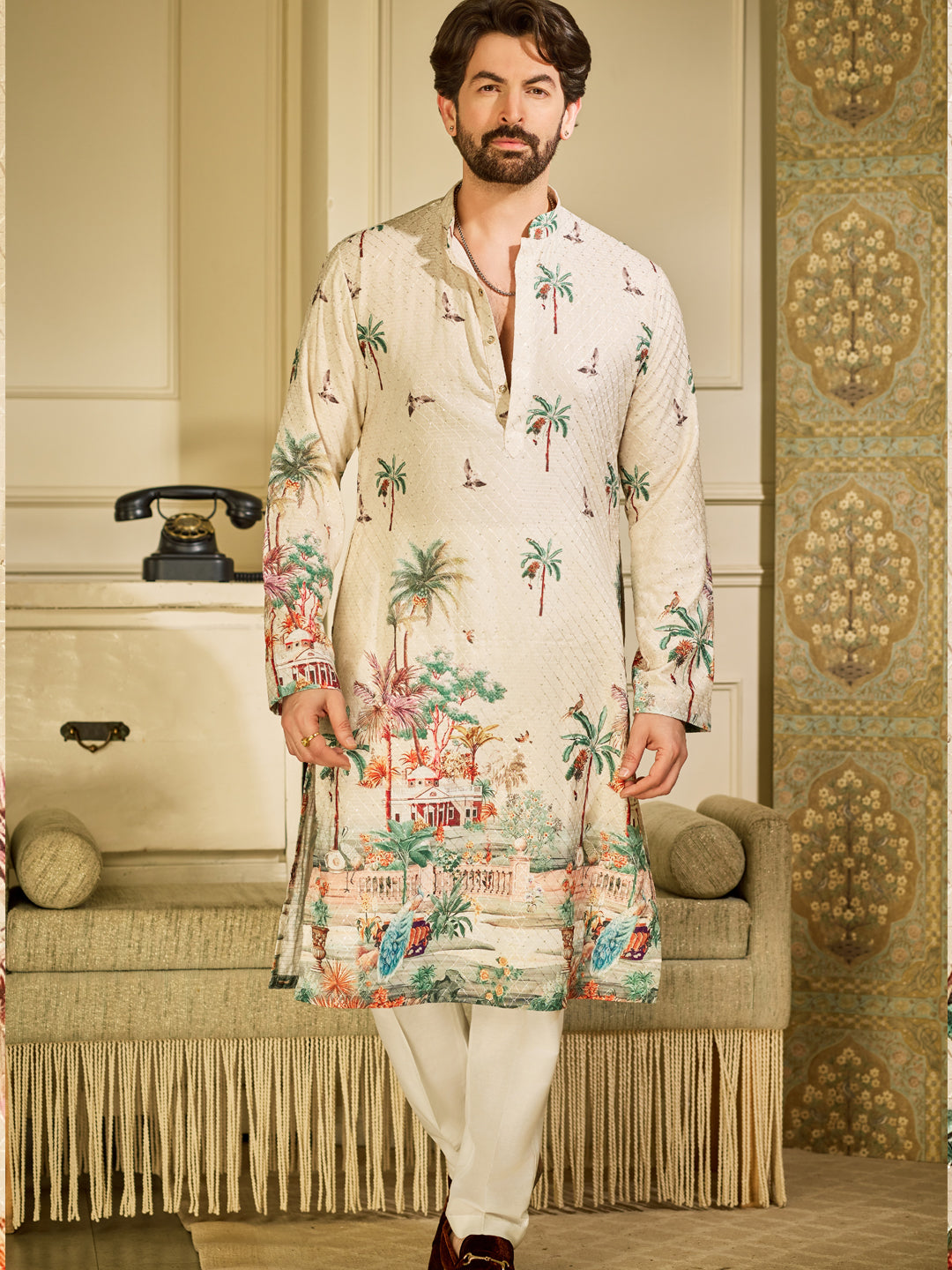 Men's Cotton Krochet Daman Print Cream Kurta with White Pyjama
