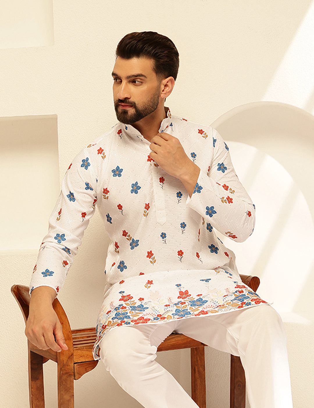 Estationeryhouse Pyjama Kurta Homme Jacquard Soie Brute - Ensemble Traditionnel Avec Pyjama Blanc