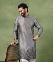 Men’s Jacquard Silk Grey Long Kurta with Embroidered Leaf Daman