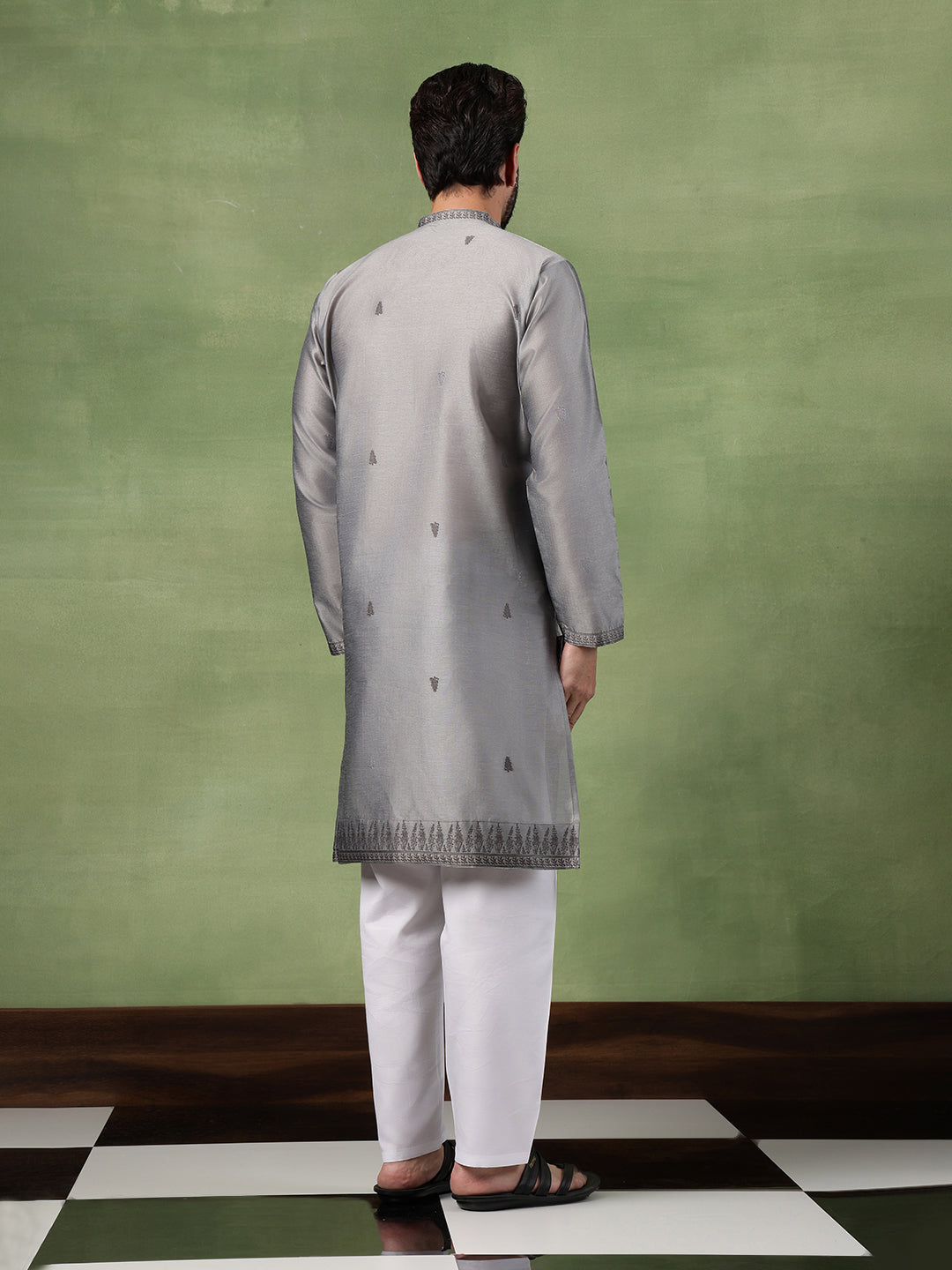 Men’s Jacquard Silk Grey Long Kurta with Embroidered Leaf Daman