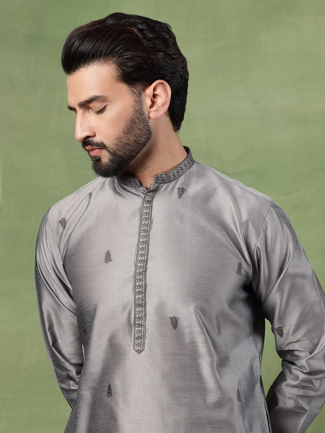 Men’s Jacquard Silk Grey Long Kurta with Embroidered Leaf Daman