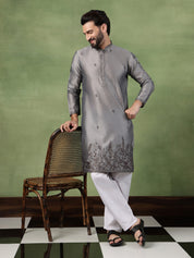 Men’s Jacquard Silk Embroidered Leaf Daman Grey Kurta with Pyjama