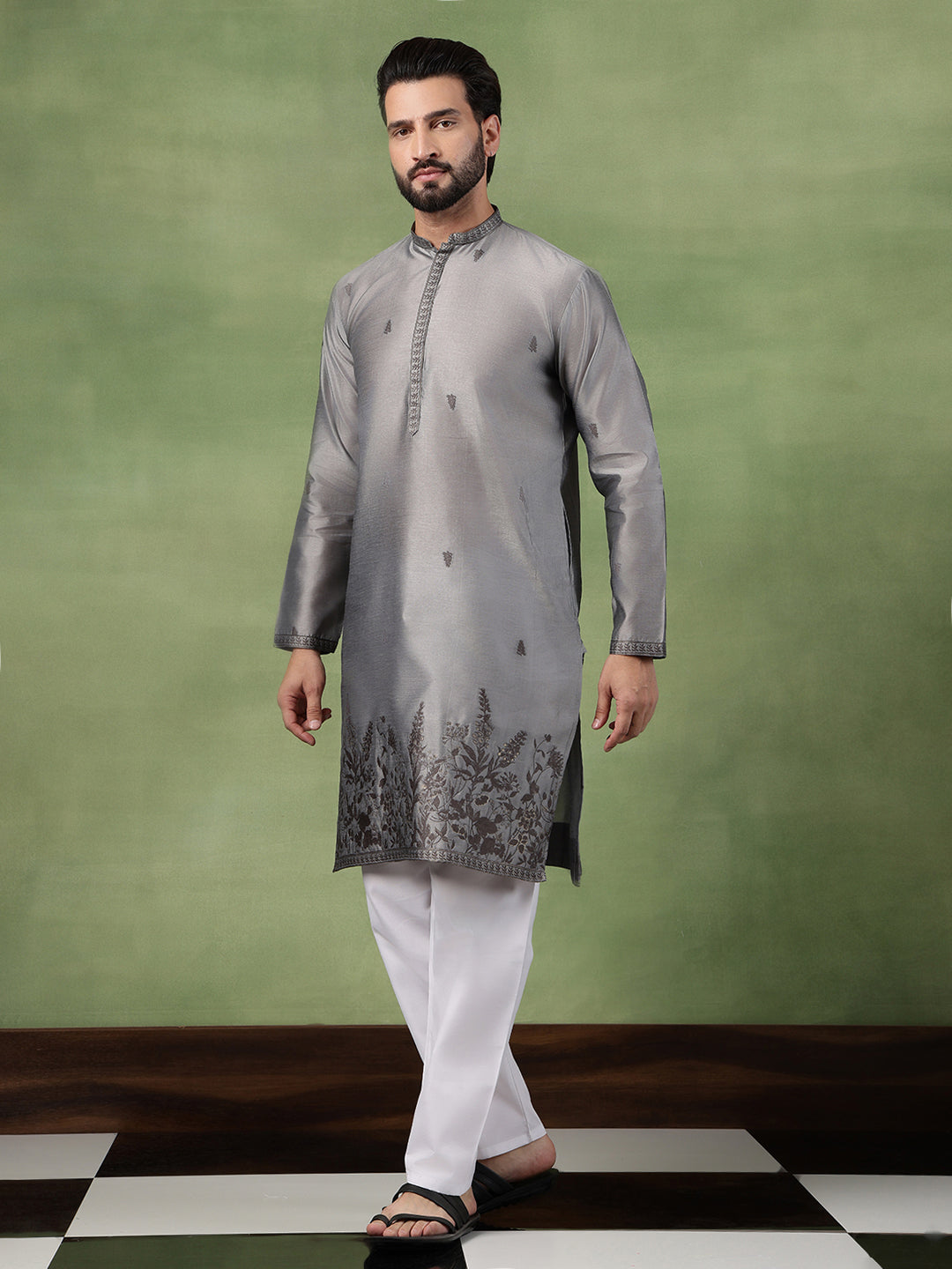 Men’s Jacquard Silk Embroidered Leaf Daman Grey Kurta with Pyjama