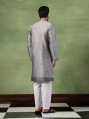Men’s Jacquard Silk Embroidered Leaf Daman Grey Kurta with Pyjama