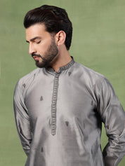 Men’s Jacquard Silk Embroidered Leaf Daman Grey Kurta with Pyjama