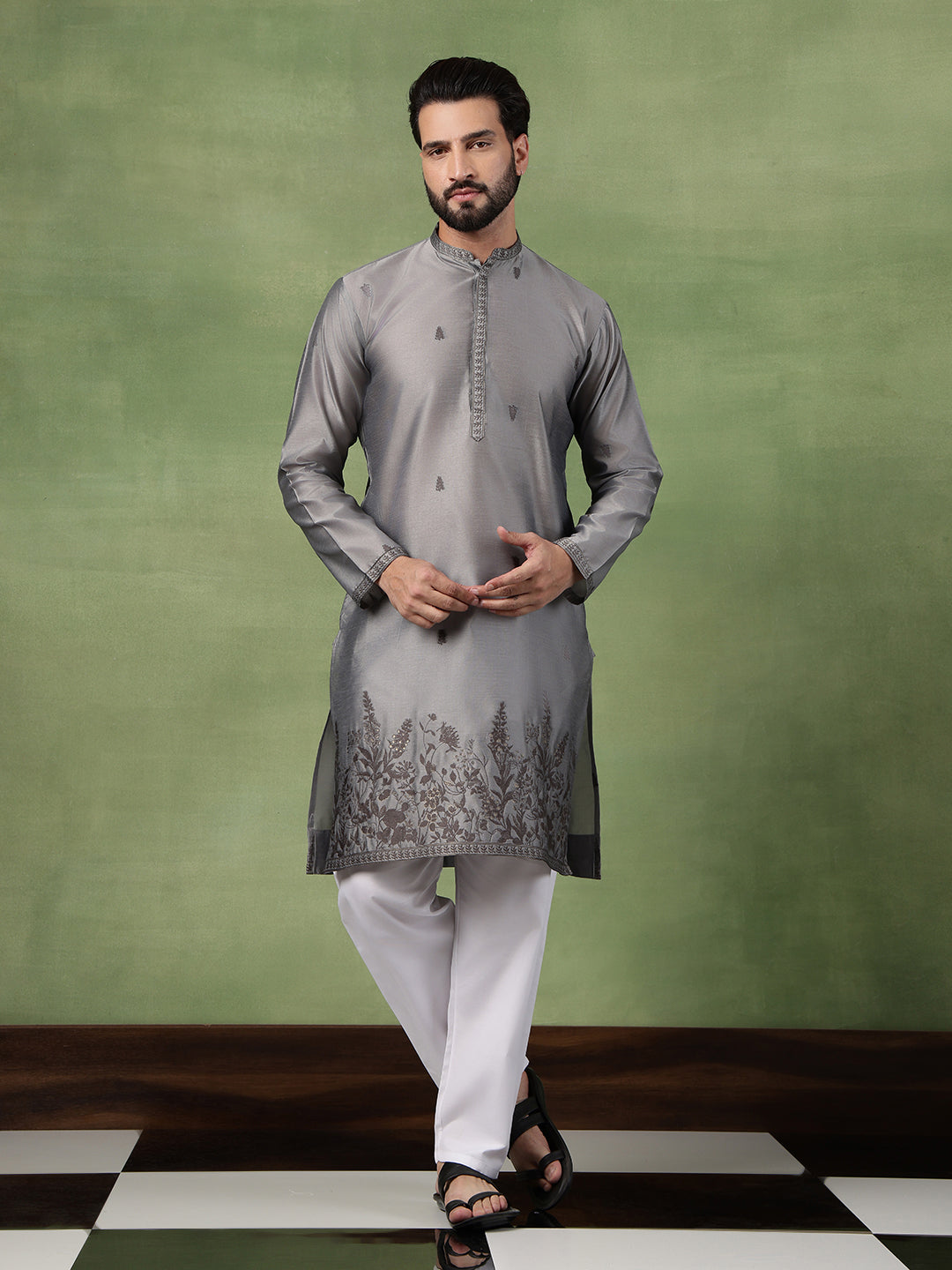 Men’s Jacquard Silk Embroidered Leaf Daman Grey Kurta with Pyjama