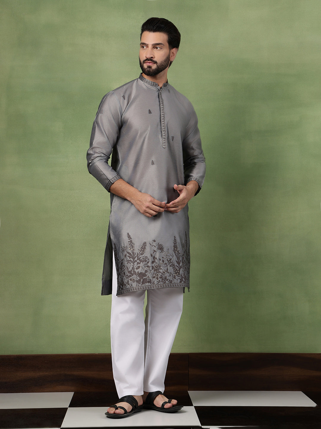 Men’s Jacquard Silk Embroidered Leaf Daman Grey Kurta with Pyjama