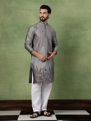 Men’s Jacquard Silk Embroidered Leaf Daman Grey Kurta with Pyjama