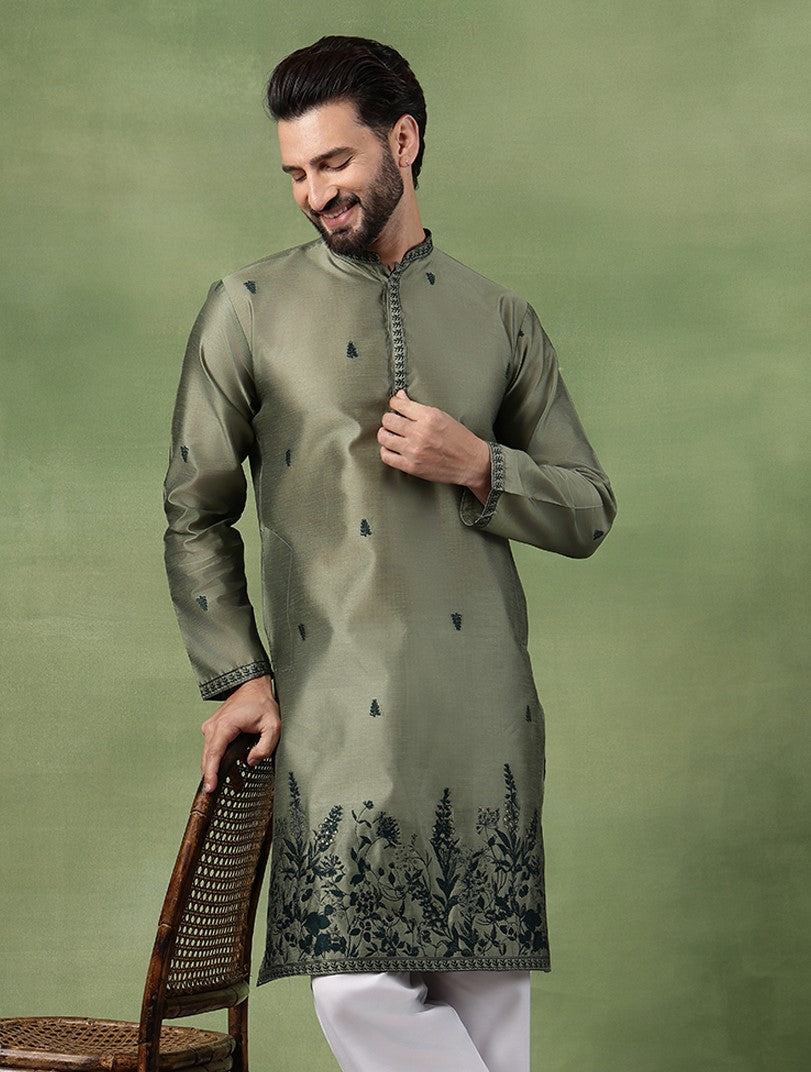 Men’s Jacquard Silk Mehndi Long Kurta with Embroidered Leaf Daman