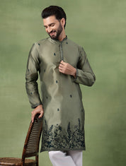 Men’s Jacquard Silk Mehndi Long Kurta with Embroidered Leaf Daman
