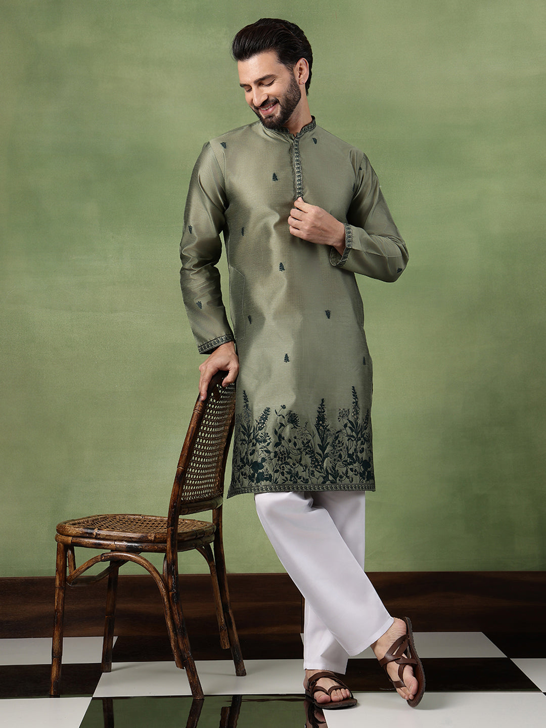 Men’s Jacquard Silk Embroidered Leaf Daman Mehndi Kurta with Pyjama