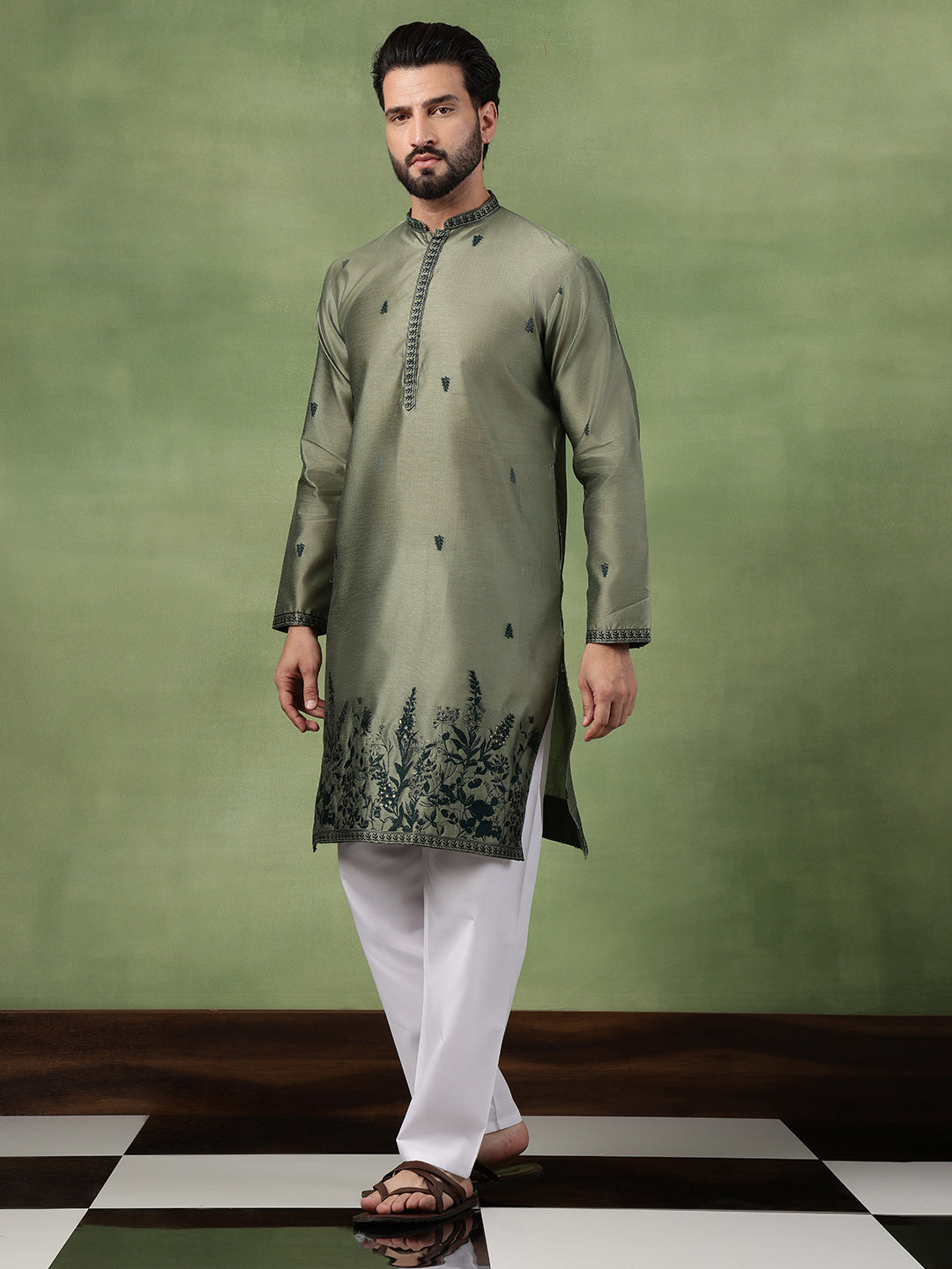 Men’s Jacquard Silk Embroidered Leaf Daman Mehndi Kurta with Pyjama