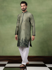 Men’s Jacquard Silk Embroidered Leaf Daman Mehndi Kurta with Pyjama