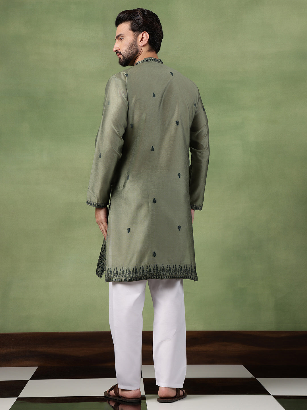 Men’s Jacquard Silk Embroidered Leaf Daman Mehndi Kurta with Pyjama