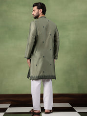 Men’s Jacquard Silk Embroidered Leaf Daman Mehndi Kurta with Pyjama