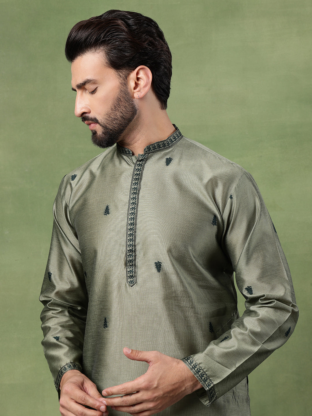 Men’s Jacquard Silk Embroidered Leaf Daman Mehndi Kurta with Pyjama