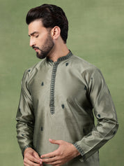 Men’s Jacquard Silk Embroidered Leaf Daman Mehndi Kurta with Pyjama