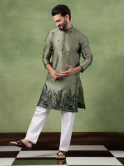 Men’s Jacquard Silk Embroidered Leaf Daman Mehndi Kurta with Pyjama