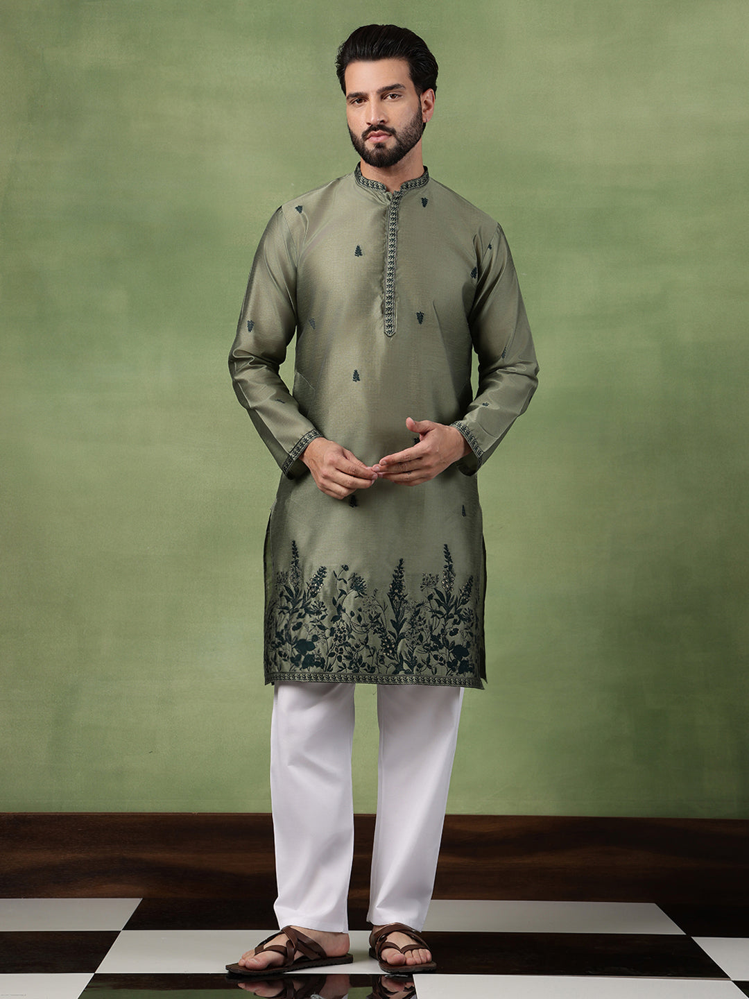 Men’s Jacquard Silk Embroidered Leaf Daman Mehndi Kurta with Pyjama
