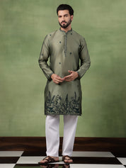 Men’s Jacquard Silk Embroidered Leaf Daman Mehndi Kurta with Pyjama