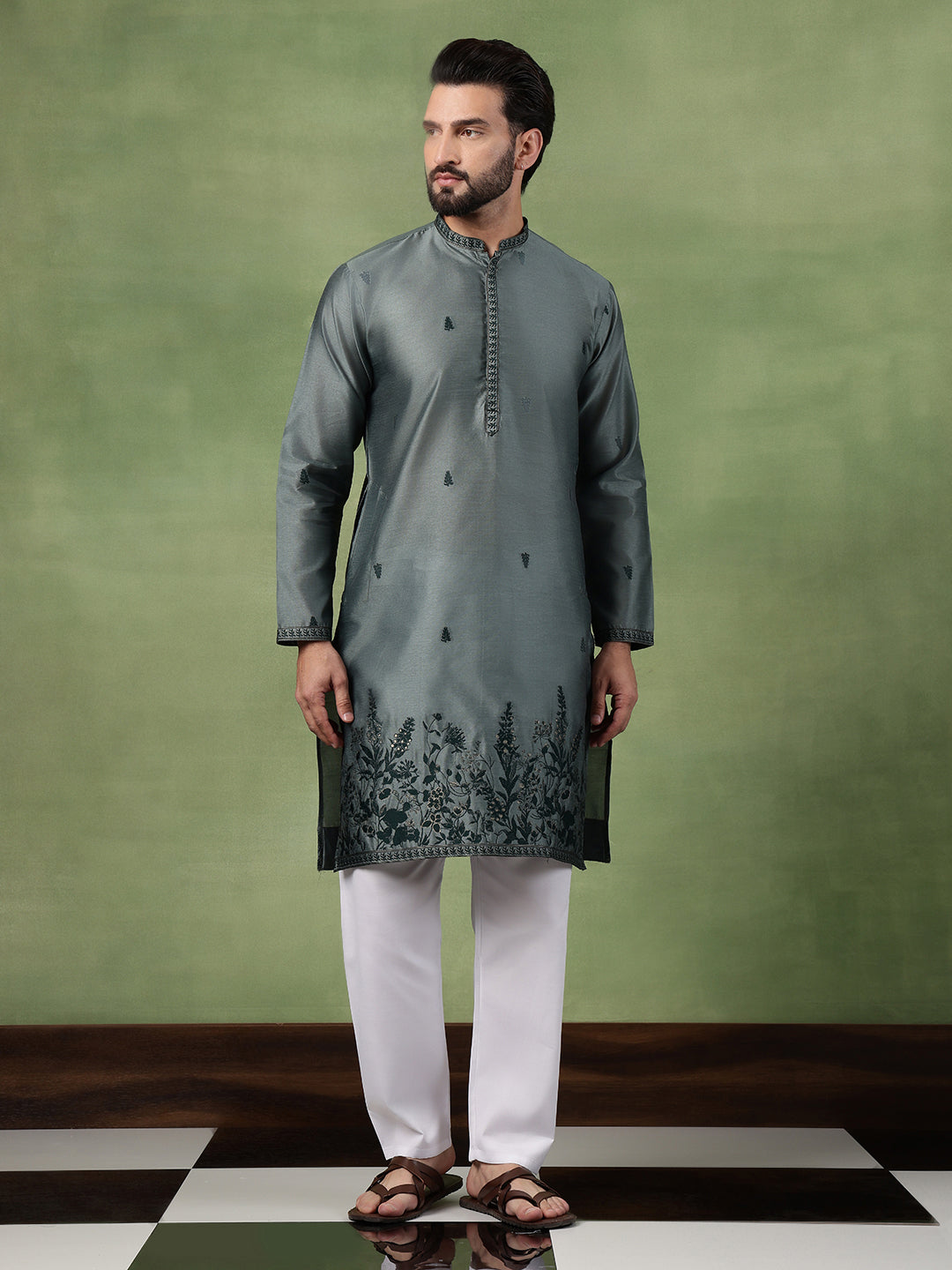 Men’s Jacquard Silk Dark Green Long Kurta with Embroidered Leaf Daman