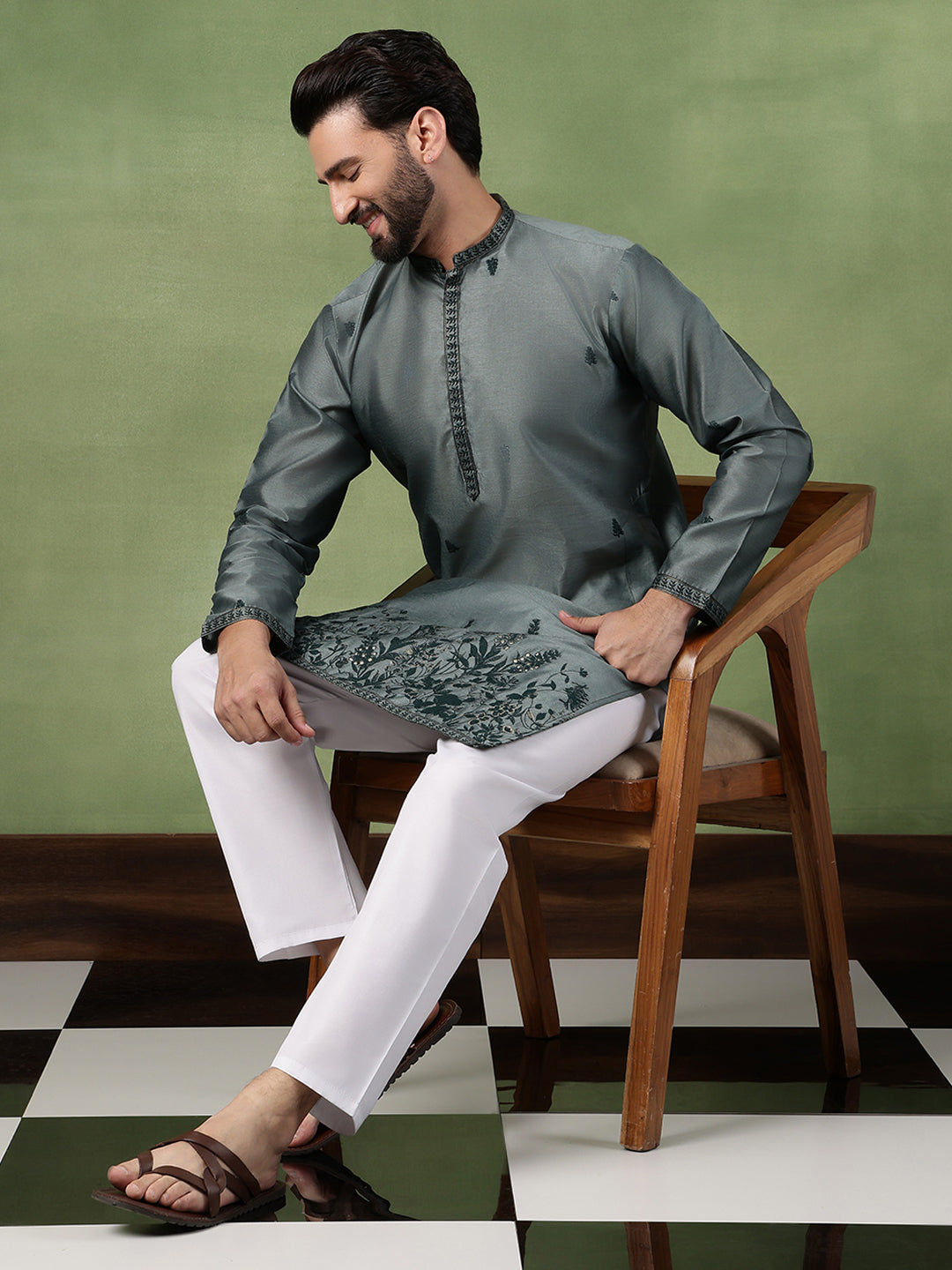 Men’s Jacquard Silk Embroidered Leaf Daman Green Kurta with Pyjama