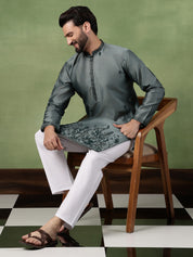 Men’s Jacquard Silk Embroidered Leaf Daman Green Kurta with Pyjama