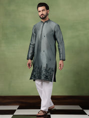 Men’s Jacquard Silk Embroidered Leaf Daman Green Kurta with Pyjama