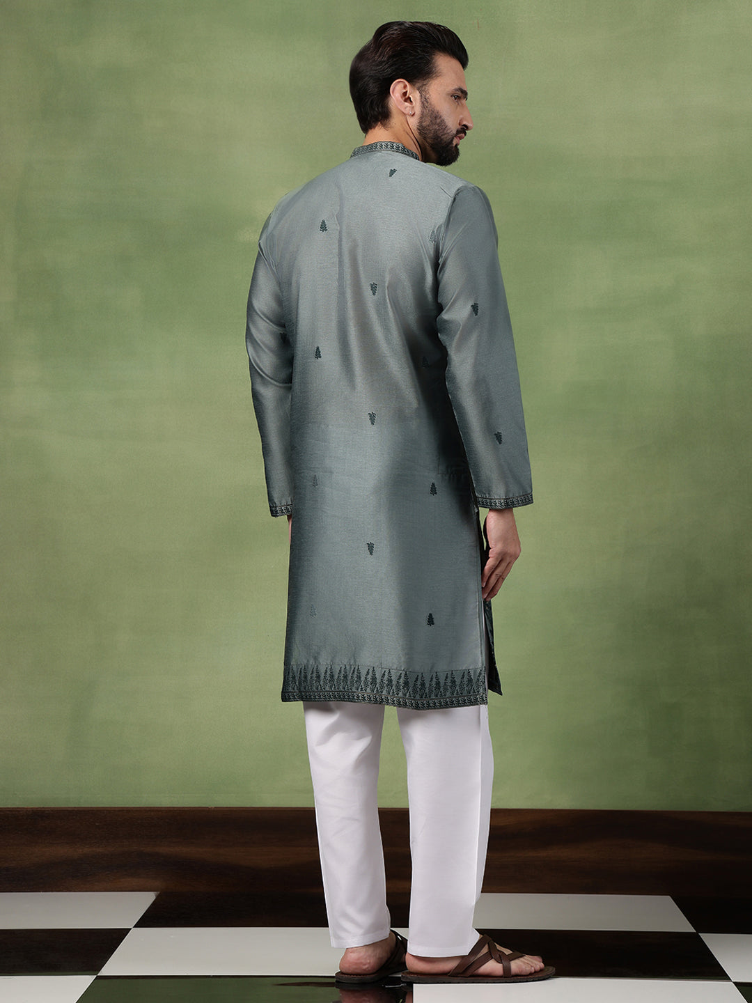 Men’s Jacquard Silk Embroidered Leaf Daman Green Kurta with Pyjama