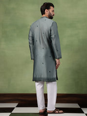 Men’s Jacquard Silk Embroidered Leaf Daman Green Kurta with Pyjama