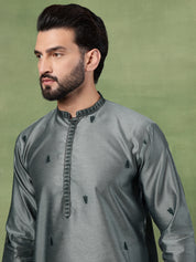 Men’s Jacquard Silk Embroidered Leaf Daman Green Kurta with Pyjama