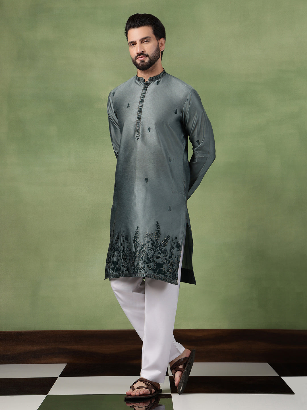 Men’s Jacquard Silk Embroidered Leaf Daman Green Kurta with Pyjama