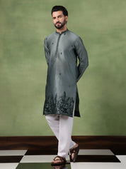 Men’s Jacquard Silk Embroidered Leaf Daman Green Kurta with Pyjama