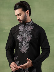 Men's Cotton Black Long Kurta featuring Intricate Neck & Side Floral Embroidery
