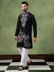 Men's Cotton Black Long Kurta featuring Intricate Neck & Side Floral Embroidery
