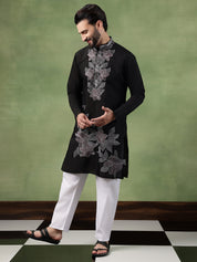 Men's Cotton Black Long Kurta featuring Intricate Neck & Side Floral Embroidery