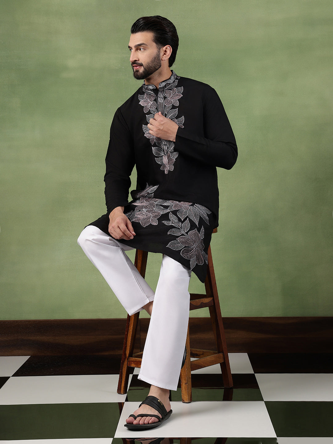 Men's Cotton Black Long Kurta featuring Intricate Neck & Side Floral Embroidery