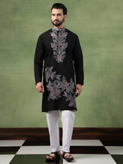 Men's Cotton Black Long Kurta featuring Intricate Neck & Side Floral Embroidery