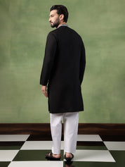 Men's Cotton Intricated Neck & Side Floral Embroidered Black Kurta With Pyjama