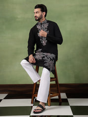Men's Cotton Intricated Neck & Side Floral Embroidered Black Kurta With Pyjama