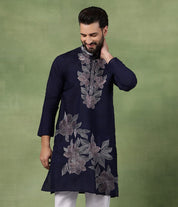 Men's Cotton Navy Long Kurta featuring Intricate Neck & Side Floral Embroidery